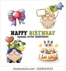 Gnomes Happy Birthday Cake Balloons and Bow Colorful Element Watercolor Vector File ,Clipart Cute cartoon style For banner, poster, card, t shirt, sticker