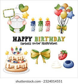 Gnomes Happy Birthday Cake strawberry blueberry whipped cream Balloons and Bow Element Colorful Watercolor Vector File ,Clipart Cute cartoon style For banner, poster, card, t shirt, sticker