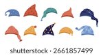 Gnomes hats collection. Different dwarves head accessories. Isolated dwarf hat for sleep various design. Cartoon nightcaps, vector clipart