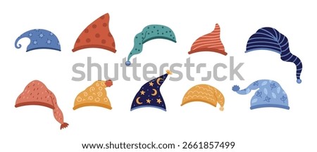 Gnomes hats collection. Different dwarves head accessories. Isolated dwarf hat for sleep various design. Cartoon nightcaps, vector clipart