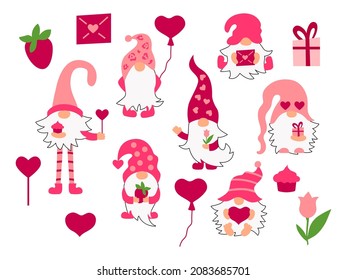 Gnomes with hearts, flower, cupcake on white background. Valentine's Day set. Vector illustration.