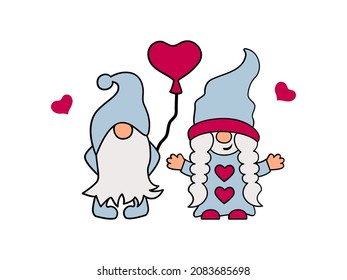 Gnomes with hearts are on white background. Valentine's day card. Vector illustration.