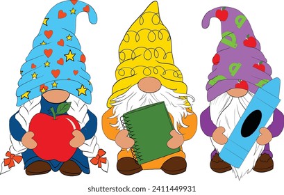 Gnomes are holding school supplies, apple, school ruler and notebook