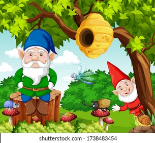 Gnomes and honeycomb tree in cartoon style on forest background illustration