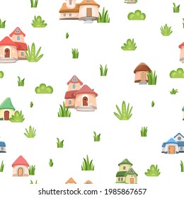 Gnomes houses. Seamless pattern. Fabulous landscape with grass in the meadow. Flat cartoon style. Isolated picture background for children. Vector