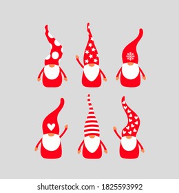 Gnomes isolated. Greeting with Christmas. Cute fairytale character of elfs in red hats and with white beards. Cartoon flat design. Vector illustration.