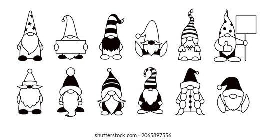 Gnomes isolated illustrations. Black and white. Set of vector cartoon gnome characters