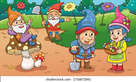 Gnomes in the landscape garden cartoon.vector illustration ratio 16:9 simple Gradients, no Effects, no mesh, no Transparencies