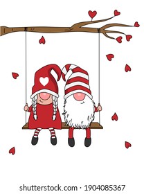 Gnomes in love card. Gnome couple sitting on a swing. Isolated vector