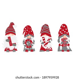 Gnomes with love letters. Valentine gnomes red. Valentine's day. Vector template. Valentine Gnomes with hearts. Scandinavian nordic gnomes.