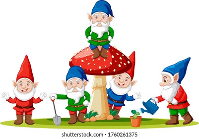 Gnomes and mushroom in cartoon style on white background illustration
