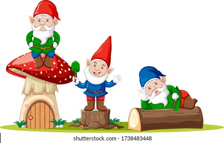 Gnomes and mushroom house cartoon character on white background illustration