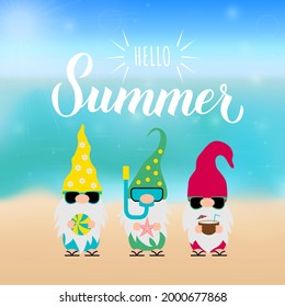 Gnomes on the beach. Hello summer calligraphy lettering. Cute cartoon characters on vacations. Vector template for banner, poster, greeting card, etc.