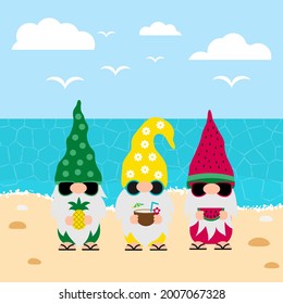 Gnomes en la playa.Personajes de dibujos animados sobre vacaciones. Plantilla vectorial para banner, afiche, tarjeta de saludo, etc.