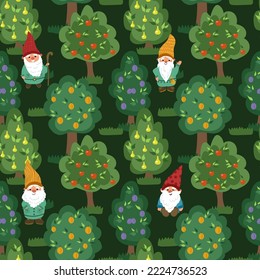Gnomes in the orchard. vector pattern