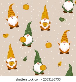 Gnomes pattern with autumn characters. Vector gnome with leaves, cups and pumpkin. Seamless background for scrapbooking, textile or children's things. Autumn wallpaper with fairy-tale characters.