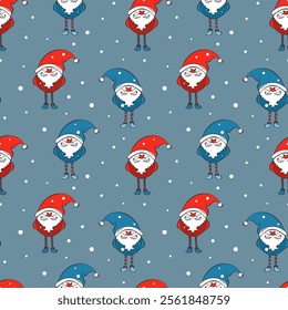 Gnomes pattern, hand drawn red and blue gnomes, dwarves or elves, snow falling, Santa Claus, on soft dark background. Vector illustration