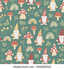 Gnomes pattern repeat and mushrooms   rainbows in seamless green background  Vector illustration  Fall kids projects  autumn designs   home decor projects  Surface pattern design 