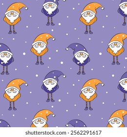 Gnomes pattern violet, hand drawn purple and yellow gnomes, dwarves or elves, snow falling.