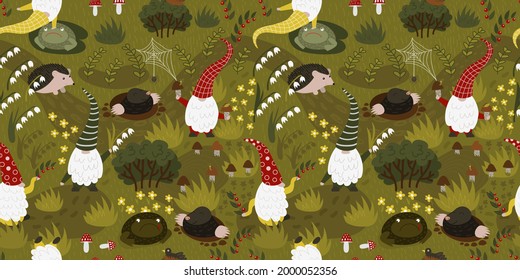 Gnomes playing in the garden with their friends animals. Seamless print with flora, fauna and fairy funny characters gnomes on green grass. Humorous vector pattern.