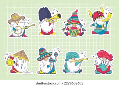 Gnomes Playing Instruments from Diverse Cultures stickerpac. Multicultural Melodies with Whimsical Gnome Musiciansk 