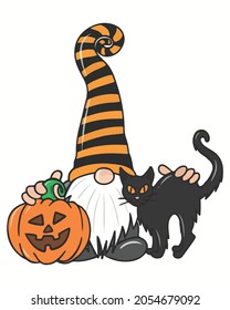 Gnomes Pumpkin Cat Cute Happy Halloween Vector illustration. Happy Halloween Background Vector illustration