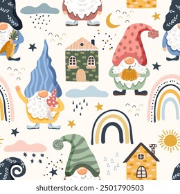 Gnomes, rainbows, houses. Seamless pattern, vector illustration