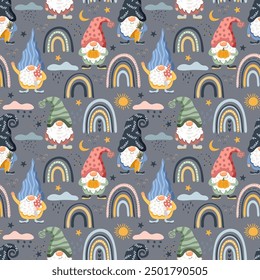 Gnomes and rainbows. Seamless pattern, vector illustration
