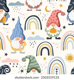 Gnomes and rainbows. Seamless pattern, vector illustration