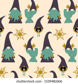 Gnomes, reindeer and bird in a seamless pattern design