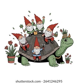 Gnomes riding on a turtle, surrounded by flowers and plants in pots.  Cartoonish illustration.