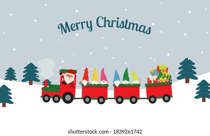 Gnomes riding Santa Claus train carrying gift. Winter travelling. Cute Christmas vector illustration background.