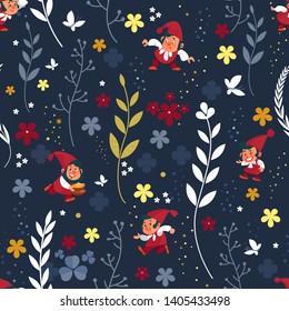 Gnomes seamless pattern. Background dwarf elf character poses magical leprechaun cute fairy tale man vector illustration