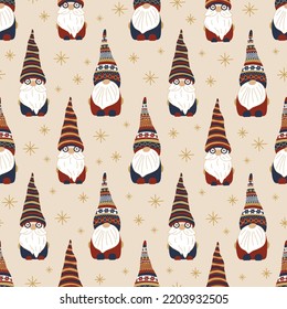 Gnomes with snowflake seamless pattern. Fairy dwarfs in various caps ornament. Winter vector design for textile, wrapping paper, background.