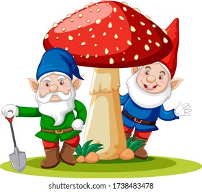 Gnomes standing with mushroom cartoon character on white background illustration