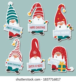 Colección de stickers de gnomos. Ilustración vectorial para tarjetas de felicitación, invitaciones de navidad y scrapbooking