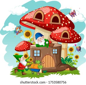 Gnomes and stump mushroom house and in the garden cartoon style on sky background illustration