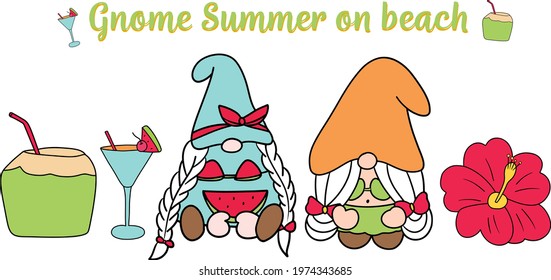 Gnomes summer on the beach, vector illustration