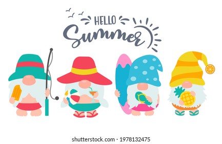 Gnomes Summer. Gnomes wear hats and sunglasses for summer trips to the beach.