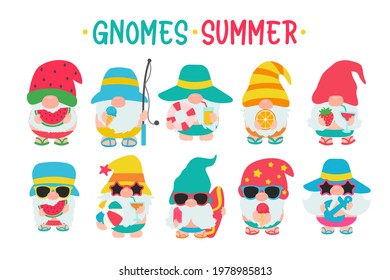 Gnomes Summer. Gnomes wear hats and sunglasses for summer trips to the beach.