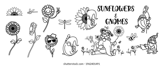 Gnomes with sunflower, Summer gnomes, Drawing of gnomes with many activities ans sunflower, elements for summer, vector illustration.
