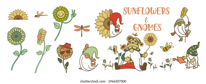 Gnomes with sunflower, Summer gnomes, Drawing of gnomes with many activities and sunflower, colorful elements for summer, vector illustration.