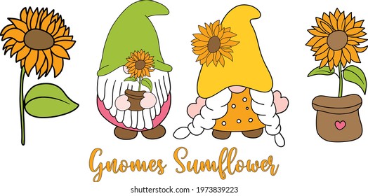 Gnomes Sunflower and Sunflower vector illustration, Summer season concept