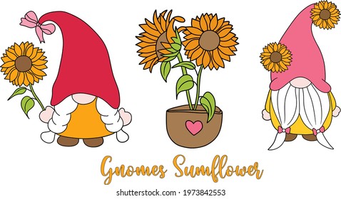Gnomes Sunflower and Sunflower vector illustration, Summer season concept
