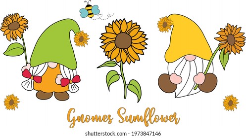 Gnomes Sunflower and Sunflower vector illustration, Summer season concept