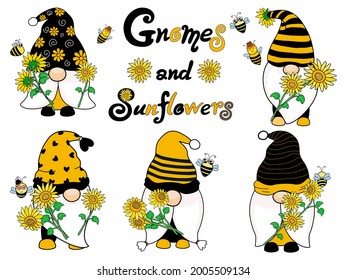 Gnomes and sunflowers are designed in black and yellow tones for decorations, t-shirts, key chains, stickers, cushion patterns, blankets, digital paper, bedding, wallpaper, clip arts, DIY and more.