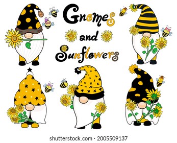 Gnomes and sunflowers are designed in black and yellow tones for decorations, t-shirts, key chains, stickers, cushion patterns, blankets, digital paper, bedding, wallpaper, clip arts, DIY and more.