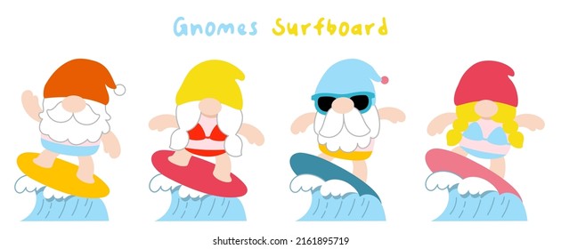 Gnomes surfboard summer, Flat clipart