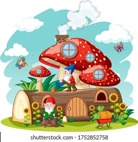 Gnomes and timber mushroom house and in the garden cartoon style on garden background illustration