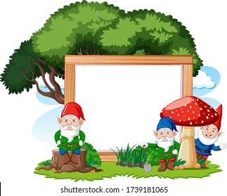Gnomes and tree with blank banner cartoon style on white background illustration